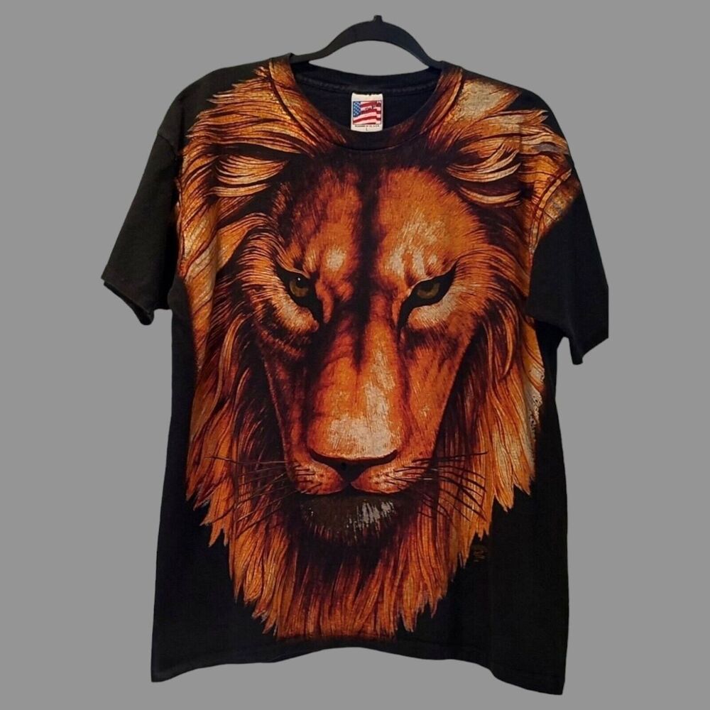 Vintage USA Single Stitch 90's LG TShirt AOP Lion Made At The Beach Trinity READ